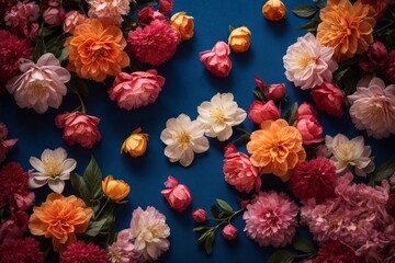Poster - Top view of multicolored flowers on a dark blue background. Floristry, beauty concepts