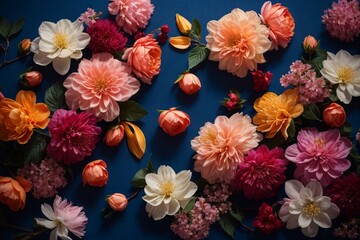 Poster - Top view multicolored floral texture, blue background. Multicolored flowers and buds, floristry