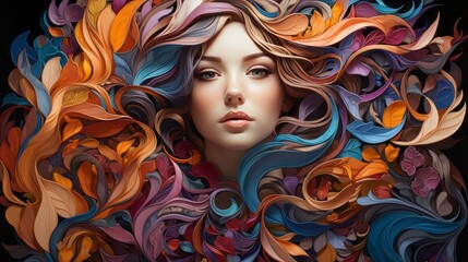 Sticker - An artistic explosion of vibrant strokes captures the essence of a woman with colorful hair, a captivating portrait that exudes passion and creativity