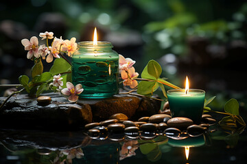 Poster - Water surface, stacked smooth cobblestone, spa flowers, two candles, butterfly, left bamboo tube, green background. AI generative