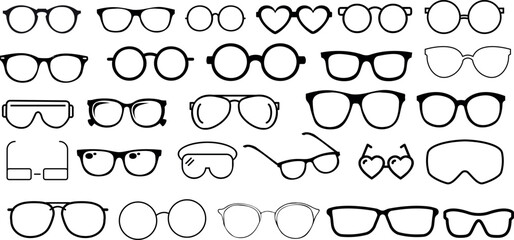 Glasses and sunglasses, spectacles vector illustration. Various styles of eyewear for fashion and accessories. Aviator, round, square, cat eye, heart, rectangular, oval, wayfarer, rimless