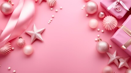 Wall Mural - Pink Christmas background with gift boxes, candy canes, stars and trinkets: a whimsical monochrome flat lay with creative flair