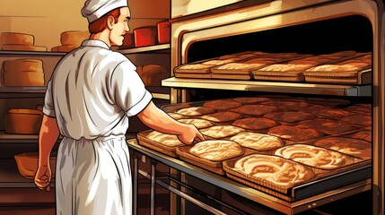 Professional baker making bread in oven