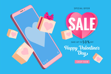 Wall Mural - Valentine's day banner with up to 50% discount, smartphone and love gift boxes. Phone screen with heart, social network interface and user icons. Vector illustration