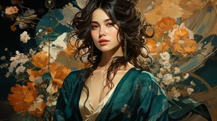 Wall Mural - A woman with long curly hair wearing a green robe