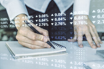 Aufkleber - Double exposure of abstract creative statistics data hologram with hand writing in notebook on background with laptop, statistics and analytics concept