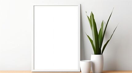 Sticker - Fresh Minimalism: White Background with Green Plants and Blank Picture Frame Design Template