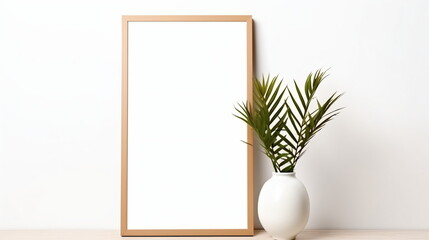 Sticker - Fresh Minimalism: White Background with Green Plants and Blank Picture Frame Design Template