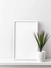 Sticker - Fresh Minimalism: White Background with Green Plants and Blank Picture Frame Design Template