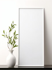 Sticker - Fresh Minimalism: White Background with Green Plants and Blank Picture Frame Design Template