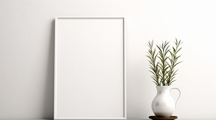 Canvas Print - Fresh Minimalism: White Background with Green Plants and Blank Picture Frame Design Template