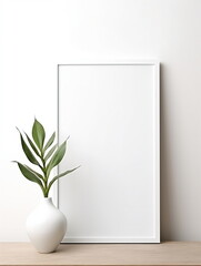 Canvas Print - Fresh Minimalism: White Background with Green Plants and Blank Picture Frame Design Template