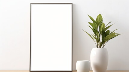 Canvas Print - Fresh Minimalism: White Background with Green Plants and Blank Picture Frame Design Template