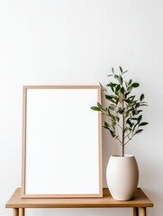 Canvas Print - Fresh Minimalism: White Background with Green Plants and Blank Picture Frame Design Template