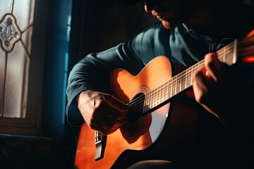 Wall Mural - a person playing an acoustic guitar with a window behind them Generative AI