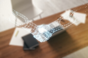 Poster - Creative abstract block chain technology hologram with handshake and modern desktop with pc on background, cryptography and decentralization concept. Multi exposure