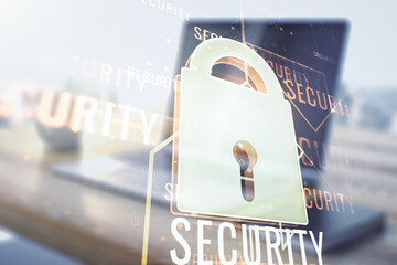 Poster - Creative light lock illustration with microcircuit and modern desktop with pc on background, cyber security concept. Multiexposure