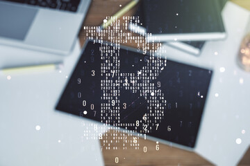Poster - Creative Bitcoin concept and modern digital tablet on desktop on background, top view. Double exposure