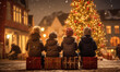 boys sitting on present boxes in front of a christmas tree on the marketplace