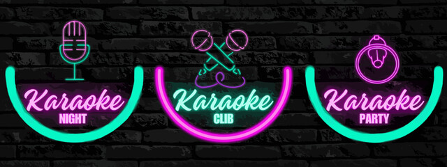 3 types of karaoke karaoke club, karaoke night, and then karaoke party with a dark grey brick background.