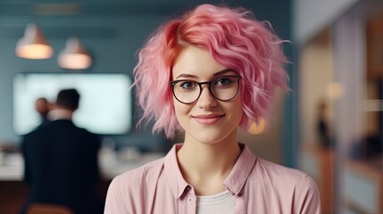 Wall Mural - Portrait of beautiful professional businesswoman with short pink hair looking at camera. Modern corporate office workplace scene.