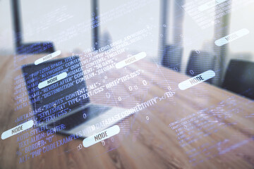 Aufkleber - Multi exposure of abstract creative coding sketch with world map on modern laptop background, artificial intelligence and neural networks concept