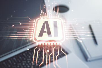 Aufkleber - Creative artificial Intelligence symbol concept with modern laptop on background. Multiexposure