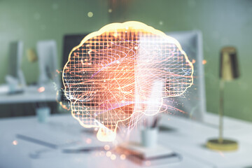 Aufkleber - Creative artificial Intelligence concept with human brain sketch on modern computer background. Double exposure