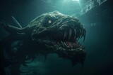 Fototapeta  - Creepy monster leviathan in the deep dark ocean. Horror atmosphere