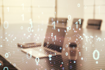 Aufkleber - Creative abstract binary code hologram on modern computer background, AI and machine learning concept. Multiexposure