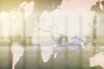 Aufkleber - Double exposure of abstract digital world map hologram on empty room interior background, big data and blockchain concept