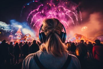 Wall Mural - Woman at music festival with fire work. Generative AI