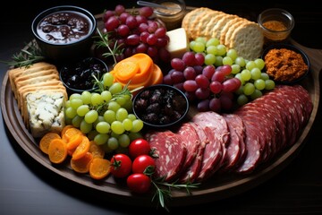  Christmas graze board with blue cheese, rosemary, nuts, grape, cranberry. Assorted cheese and meat appetizers. Charcuterie board of selection of meats, and appetizers on black background.