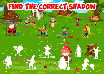 Canvas Print - Find correct shadow of cartoon fairytale funny gnomes at village, vector puzzle game. Kids worksheet for shadow match with cute dwarf gnomes in forest or garden village with fairy tale houses