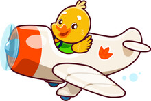 Cartoon Cute Duck Animal Character On Plane. Animal Kid Airplane Pilot. Isolated Vector Cute Little Duckling Flying On Vintage Biplane With Propeller. Funny Adorable Personage For Baby Shower Card