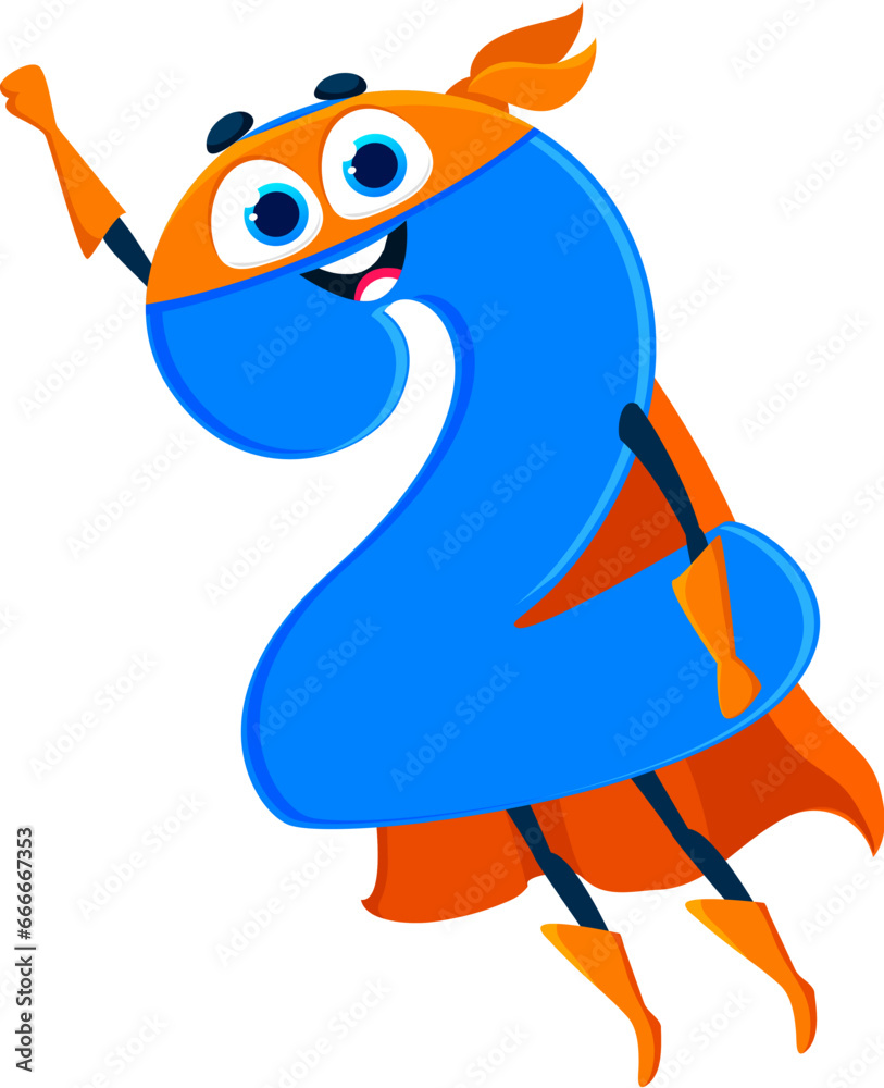 Cartoon math number two superhero character with rounded body, smile ...