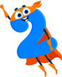 Cartoon math number two superhero character with rounded body, smile, and big eyes. Isolated vector educational playful and cheerful 2 sign defender personage for kids preschool education, game or fun