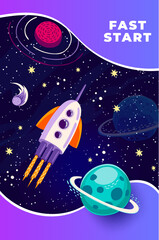 Poster - Flying rocket spaceship in starry galaxy space with planets and asteroids, cartoon vector poster. Rocket launch start up to outer space adventure in galactic extraterrestrial world and stars in sky