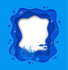 Poster - Paper cut frame with blue sea waves and underwater seaweeds, vector ocean water background. Undersea frame border in papercut or paper cut out layers, copy space with sea starfish and ocean seaweeds