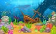 Cartoon sunken ship at tropical sea underwater landscape. Ocean life, marine bottom landscape, sea animal and plant or seabed deep wildlife vector background with sunken ship, whale and seaweed