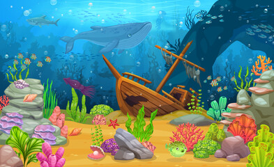 Wall Mural - Cartoon sunken ship at tropical sea underwater landscape. Ocean life, marine bottom landscape, sea animal and plant or seabed deep wildlife vector background with sunken ship, whale and seaweed