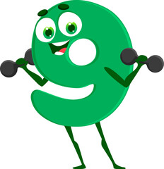 Aufkleber - Cartoon funny number 9 nine, sportsman character, kids mathematics education vector icon. Number nine 9 on sport training with gym dumbbells, cute math numerical for kids algebra or arithmetics study