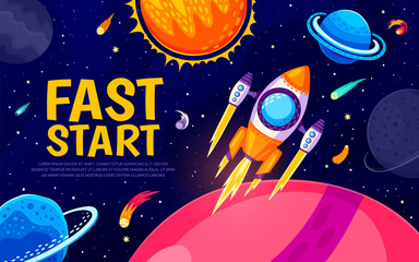 Poster - Business fast start, rocket launch and cartoon galaxy space landscape, vector background. Spaceship startup to space planets in starry sky for business project launch or corporate campaign website