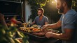 © AI Visual Vault - A group of men standing around a bbq with food on it