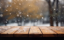 Empty Wooden Table Winter Snow Falling Background Generation Of AI