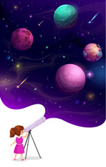Poster - Girl kid looking through telescope in space at galaxy planets in starry sky, vector poster. Astronomy and planetary education or school poster with outer space planets, asteroids and meteorites in sky
