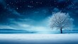 winter night forest background with stars,  a snowy lonely tree and snow, winter and christmas concept, copy space for text
