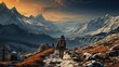 A Hiker with backpack walking in a mountain with snow capped mountains in the background