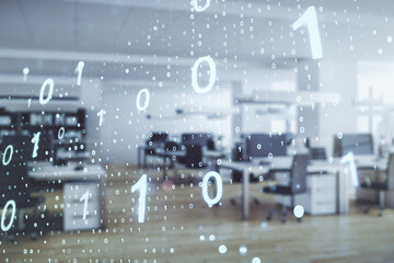 Poster - Double exposure of abstract virtual binary code hologram on modern corporate office background. Database and programming concept