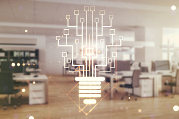 Poster - Virtual creative idea concept with light bulb and microcircuit illustration on a modern furnished office background. Neural networks and machine learning concept. Multiexposure
